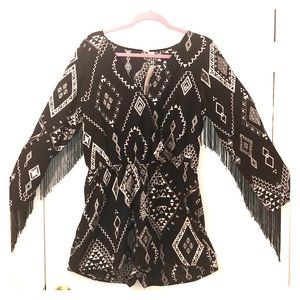 Black Romper with white designs and fringe arms